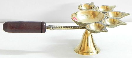 Ritual Hand Held Five Faced Oil Lamp with Wooden Handle for Aarti