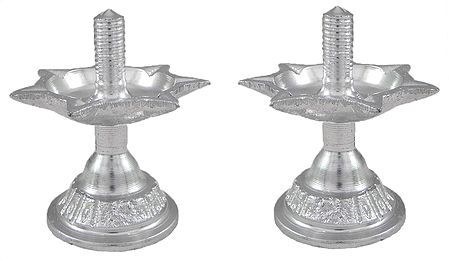 Set of 2 White Metal Five Faced Oil Lamp for Aarti