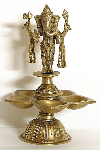 Five Faced Oil Lamp with Standing Ganesha
