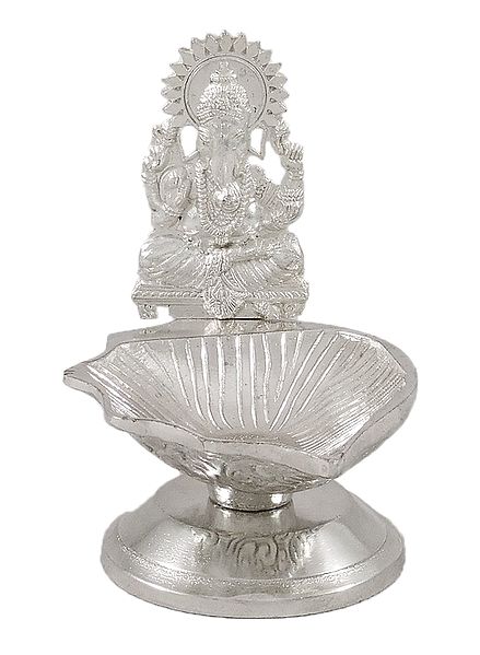 White Metal Oil Lamp with Ganesha
