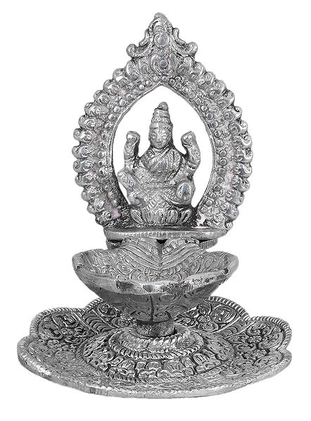 White Metal Oil Lamp with Lakshmi