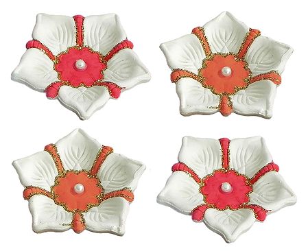 Set of Four Hand Painted White with Saffron Flower Design Panchamukhi Ghee or Oil Lamp