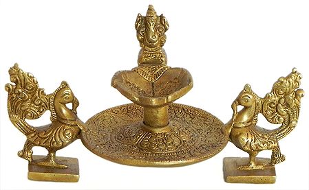 Two Peacock Holding Diya with Ganesha