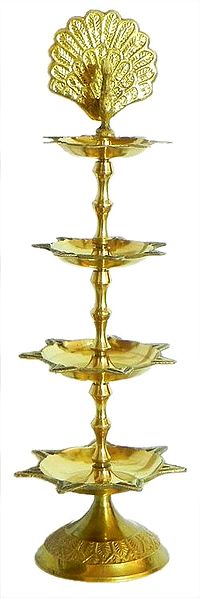 Four Tier Ghee or Oil Lamp with Peacock