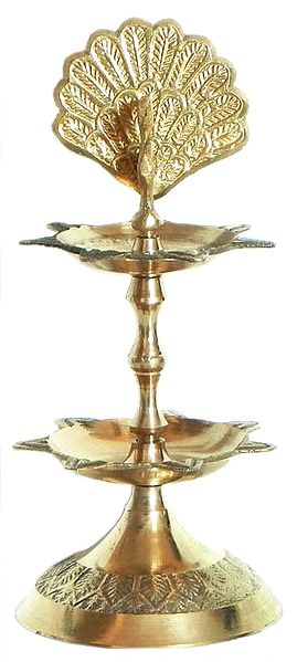 Two Tier Ghee or Oil Lamp with Peacock