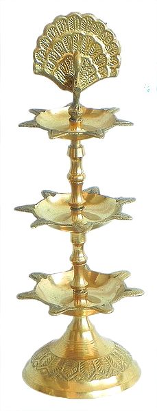 Three Tier Ghee or Oil Lamp with Peacock