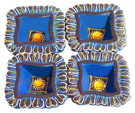 Set of Four Hand Painted Blue Square Diya with a Glass Stone in the Centre