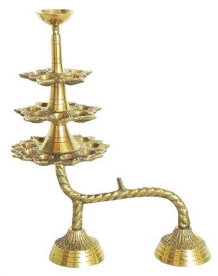 Hand Held 21 Oil Lamps in Three Rows and One on the Top for Puja Aarti (can be dismantled)