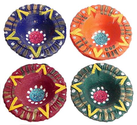 Set of Four Hand Painted Colorful Panchamukhi Ghee or Oil Lamp