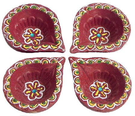 Set of Four Hand Painted Maroon Color Diya