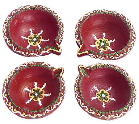 Set of Four Hand Painted Maroon Circular Diya