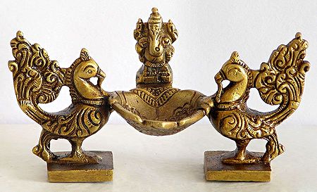 Two Peacock Holding Ghee or Oil Diya with Ganesha