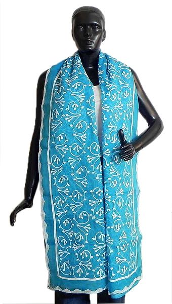 Cyan Organdy Cotton Chunni with Embroidery