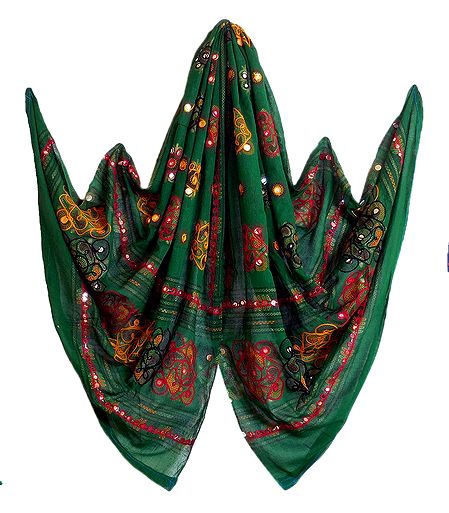 Green Cotton Dupatta with Embroidery