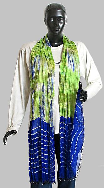 Green and Blue Wrinkle Chunni with Blue and White Bead Jhalar