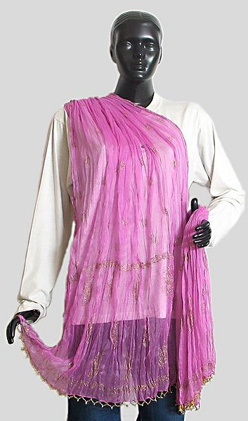 Light Mauve Wrinkle Chunni with Gold Paint and Golden Bead Jhalar