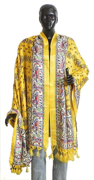 Multicolor Madhubani Print on Yellow Bhagalpuri Silk Dupatta with Gorgeous Printed White Border and Pallu