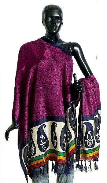 Tribal Design on Magenta Bhagalpuri Silk Chunni with Paisley Design and Purple Border