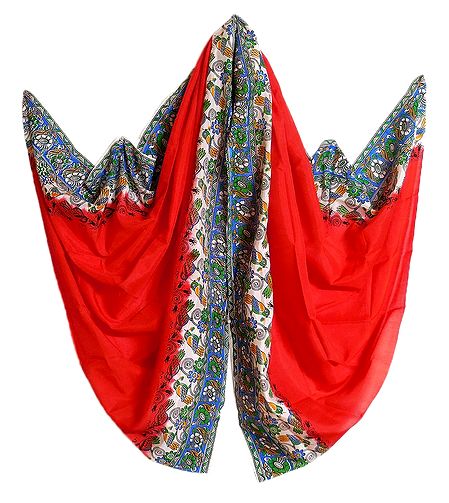 Red Dupatta with Printed White Border