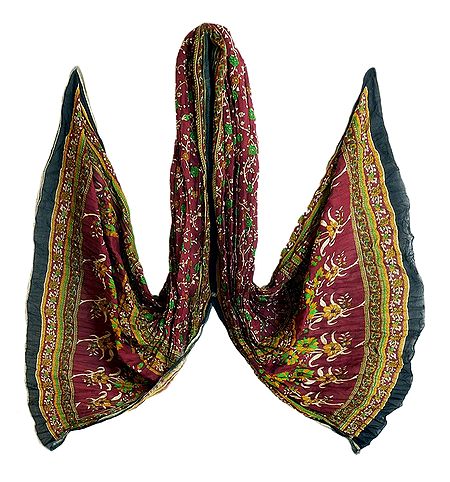 Floral Print on Maroon Crushed Cotton Dupatta