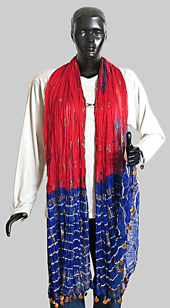 Red and Blue Wrinkle Chunni with Gold Paint and Golden Bead and Sequin Jhalar