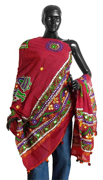 Printed Red Cotton Chunni with Embroidery
