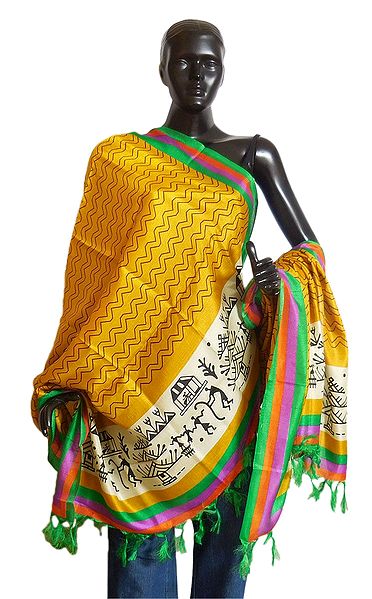 Yellow Bhagalpuri Silk Dupatta with Multicolor Border and Worli Print on Pallu