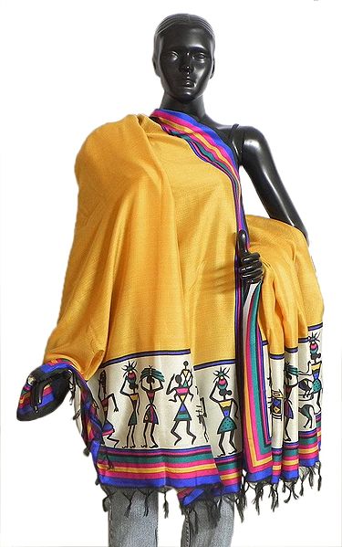 Yellow Bhagalpuri Silk Chunni with Tribal Design and Multicolor Border