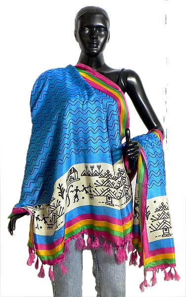 Black Wavy Design on Blue Bhagalpuri Silk Chunni with Tribal Design and Multicolor Border Border