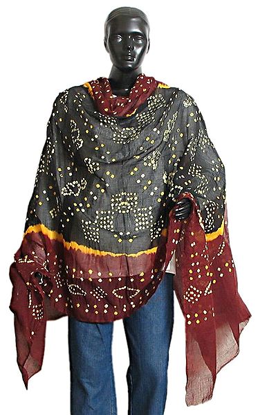 White and Yellow Tie and Dye on Black and Maroon Dupatta