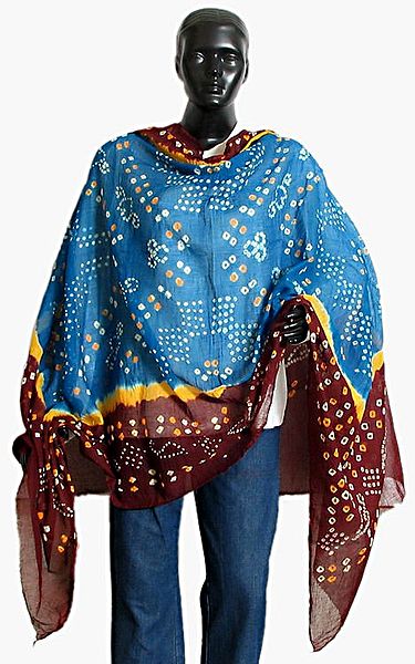 White and Yellow Tie and Dye on Dark Cyan and Maroon Dupatta