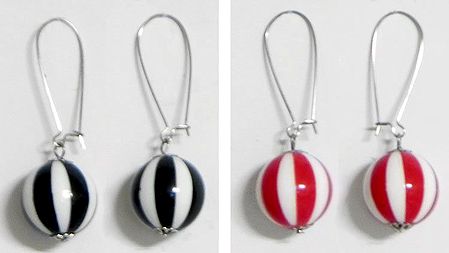 Two Pairs of Black and Red with White Stripe Ball Earrings