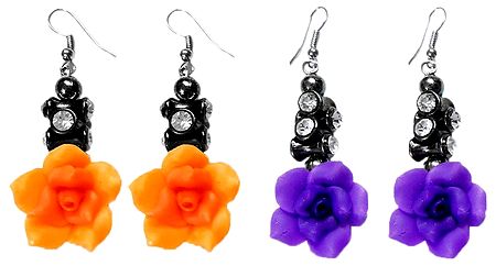 Set of 2 Pairs Saffron and Purple Acrylic Rose Earrings