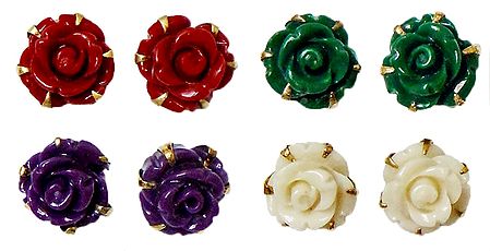 Set of 4 Pairs Red, Green, Purple and Ivory Color Rose Earrings