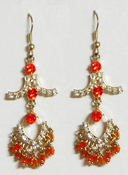 Saffron and White Stone Studded Dangle Earrings
