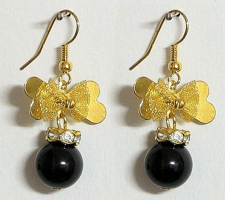 White Stone Studded Black Bead Earrings with Metal Butterfly