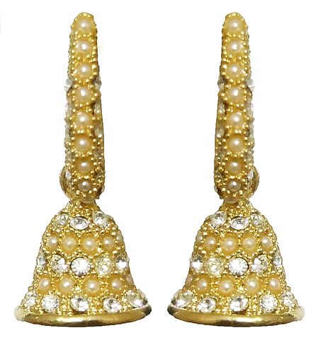 Pair of White Bead and Stone Studded Jhumka Push Earrings