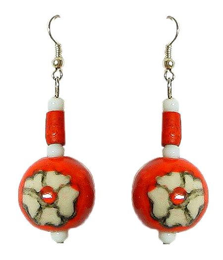 Saffron Bead Earrings with Painted Flower