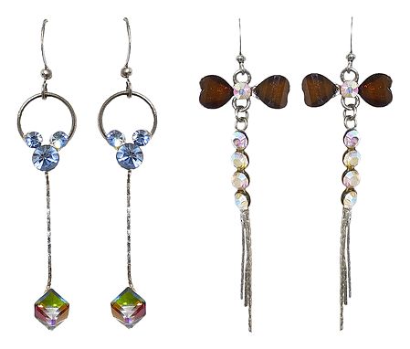 Set of 2 Pairs Blue and Brown Stone Studded Dangle Metal Earrings
