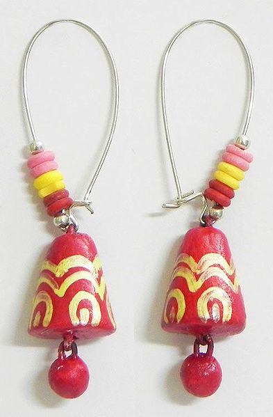 Pair of Hand Painted Yellow Design on Red Terracotta Dangle Earrings