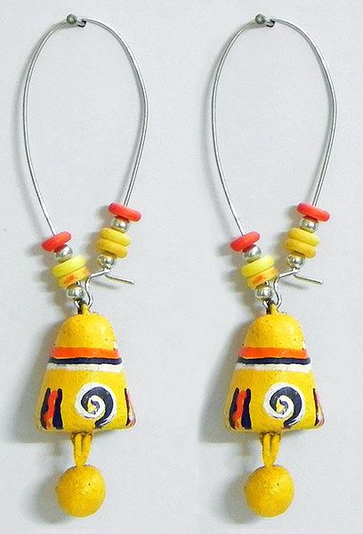 Pair of Hand Painted Saffron with Black Design on Yellow Terracotta Dangle Earrings