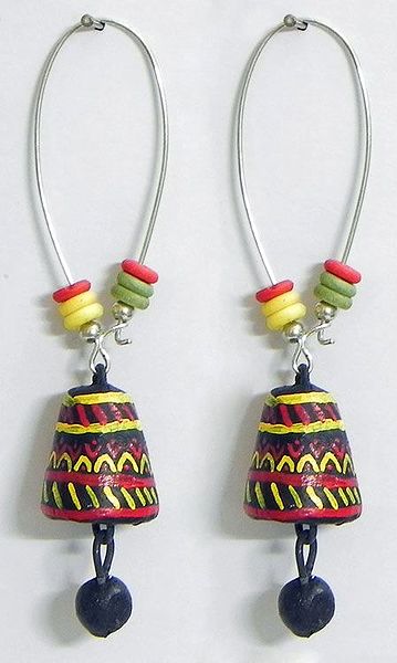 Pair of Hand Painted Yellow with Red Design on Black Terracotta Dangle Earrings