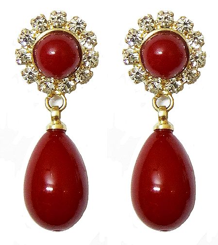 Pair of White Stone Studded Dangle Earrings with Red Bead