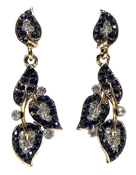 Leaf Earrings Studded with Black and White Stones