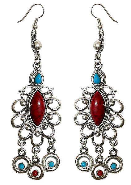 Metal Dangle Earrings with Blue and Red Stone