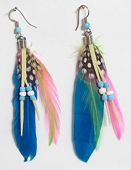 Dark Cyan and Dotted Brown Feather Earrings