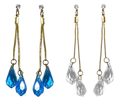 Set of 2 Pairs Cyan and White Crystal Drop Earrings
