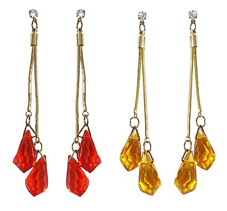 Set of 2 Pairs Saffron and Yellow Crystal Drop Earrings