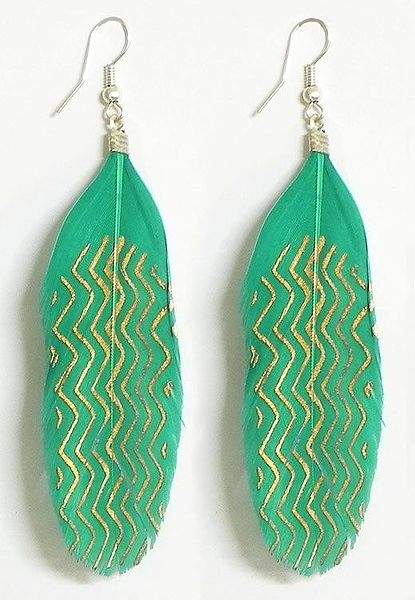 Green with Golden Painted Feather Earrings