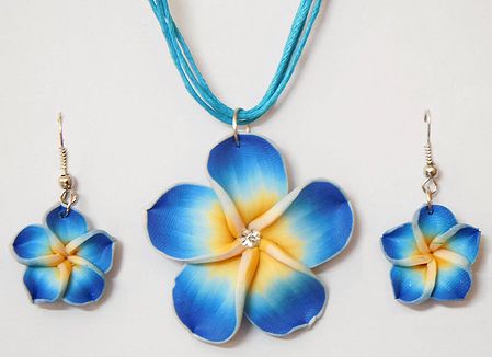 Blue Flower Pendant in Thread Cord with Earrings